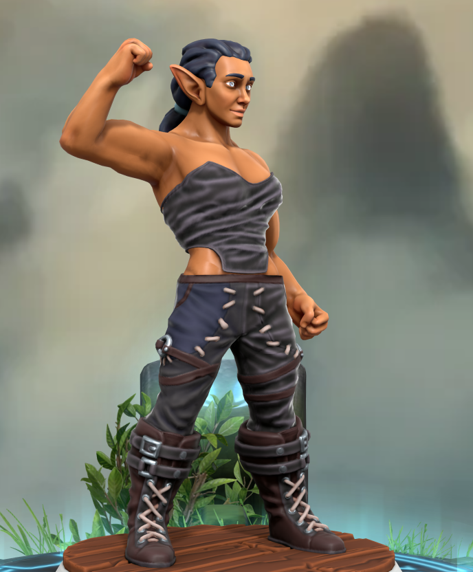 Athrielle flexing her arm in her wrestling attire